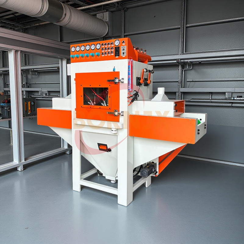 Small PLC Controlled Automatic Dry Sandblaster with Bidirectional Conveyor, High-Efficiency Steel Grit Metal Surface Treatment - Bornjx Machinery
